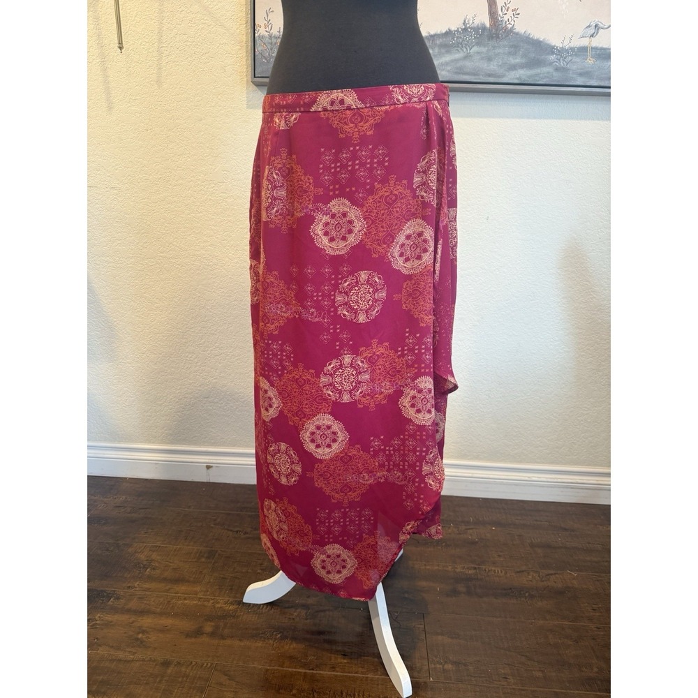 Worthington Red Orange Geometric Chiffon Midi Skirt Pleat Wrap‎ Lined Size 12